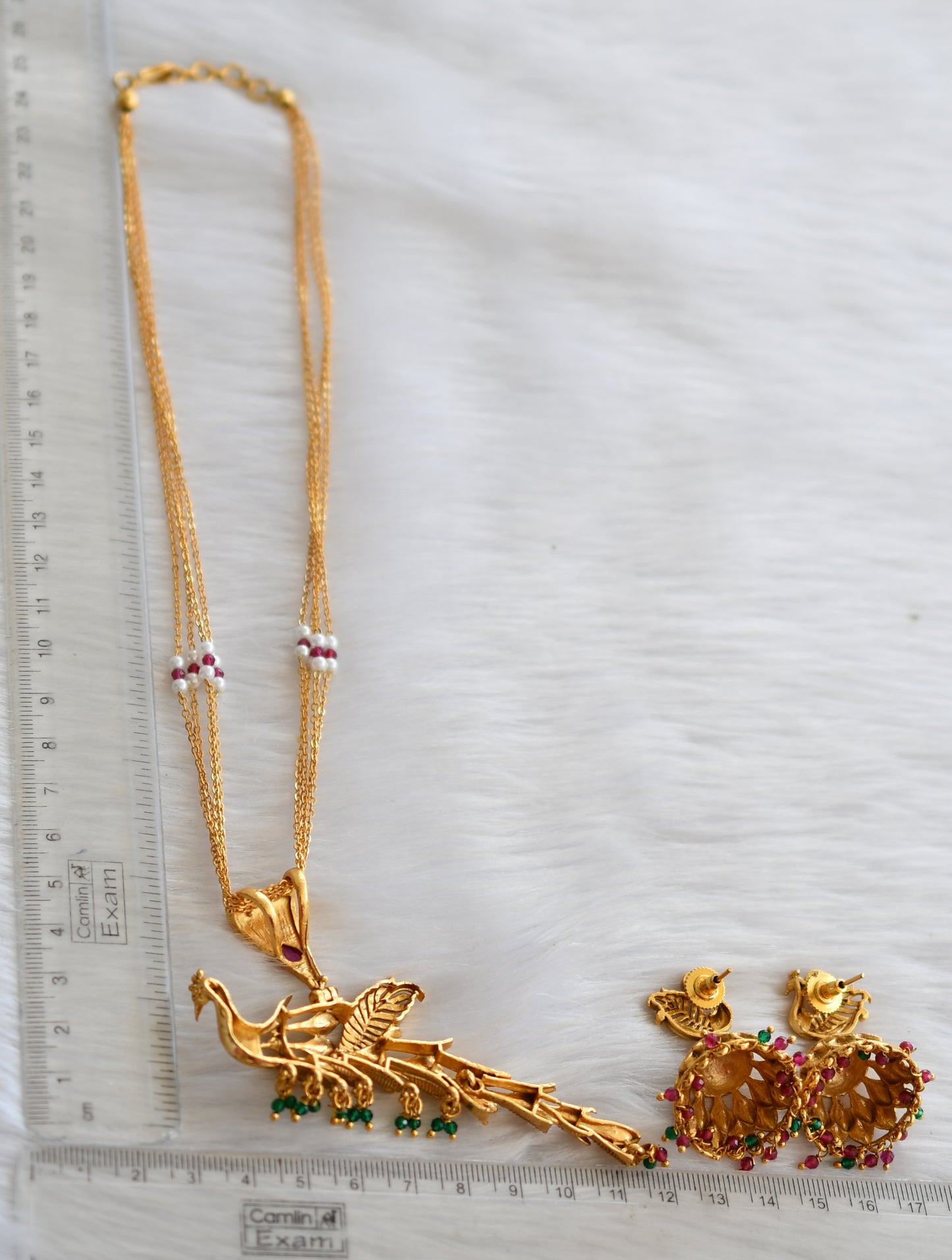 Antique gold tone ruby-emerald peacock chain set dj-14808