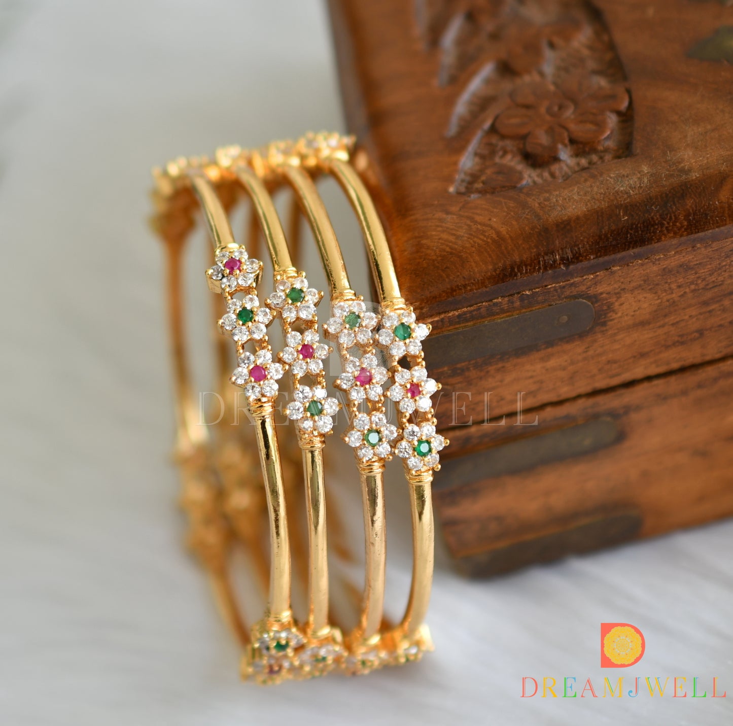 Gold Tone Cz Ruby-green nakshatra Set Of 4 Bangles(2.8) dj-32133