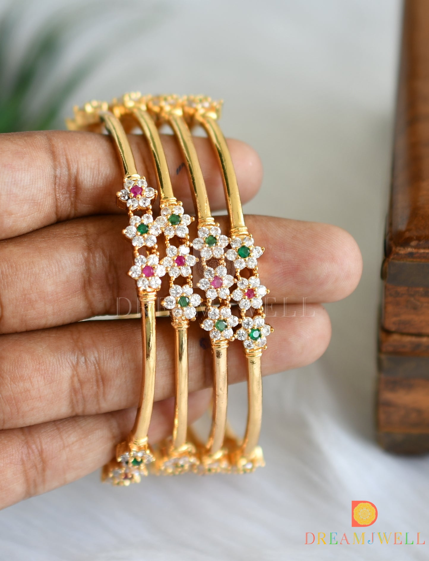 Gold Tone Cz Ruby-green nakshatra Set Of 4 Bangles(2.8) dj-32133