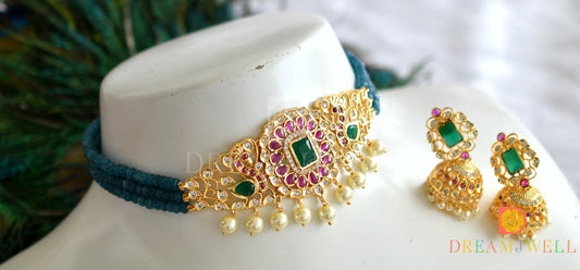 Gold tone kemp-green blue bead choker necklace set dj-31611