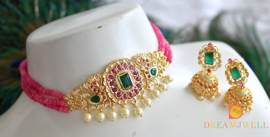 Gold tone kemp-green pink bead choker necklace set dj-31609