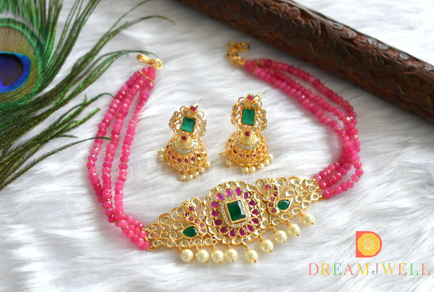 Gold tone kemp-green pink bead choker necklace set dj-31609