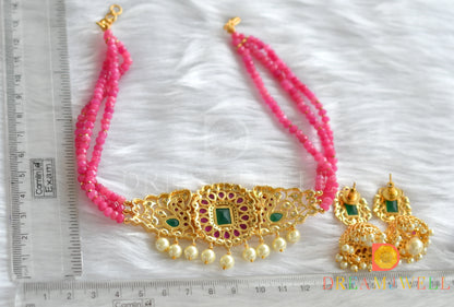 Gold tone kemp-green pink bead choker necklace set dj-31609