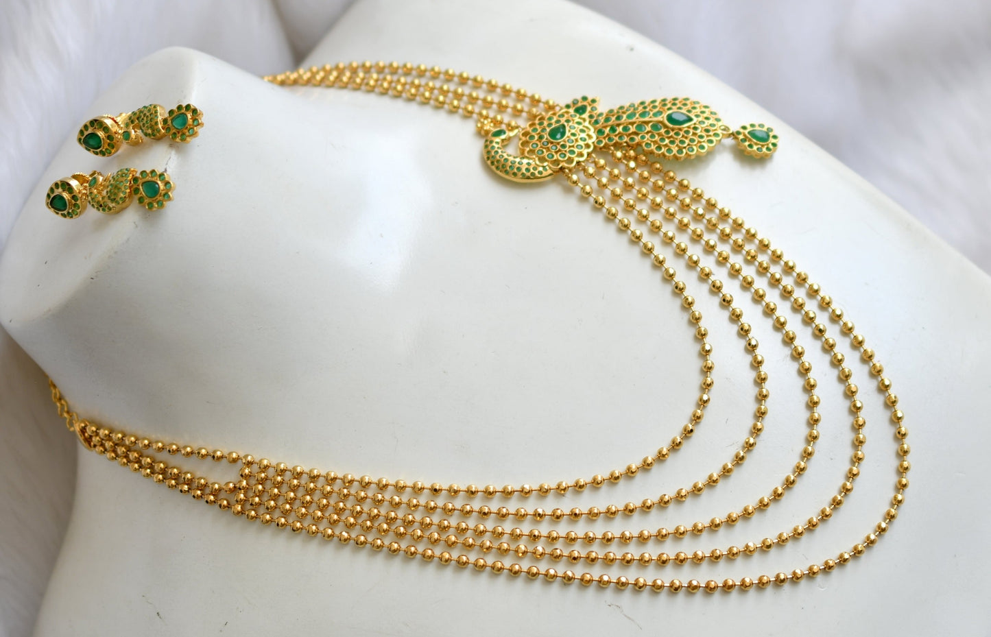 Gold tone peacock emerald mugappu multi layer necklace set dj-02125