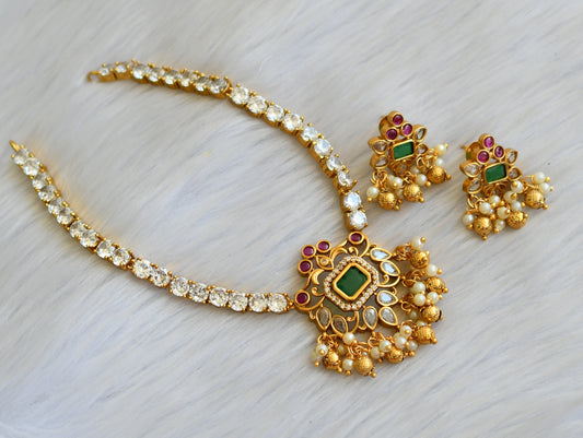 Gold tone Cz Ruby-green pearl cluster necklace dj-41851