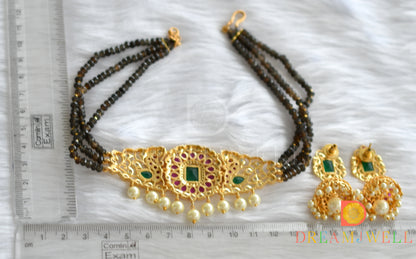 Gold tone kemp-green brown bead choker necklace set dj-31613