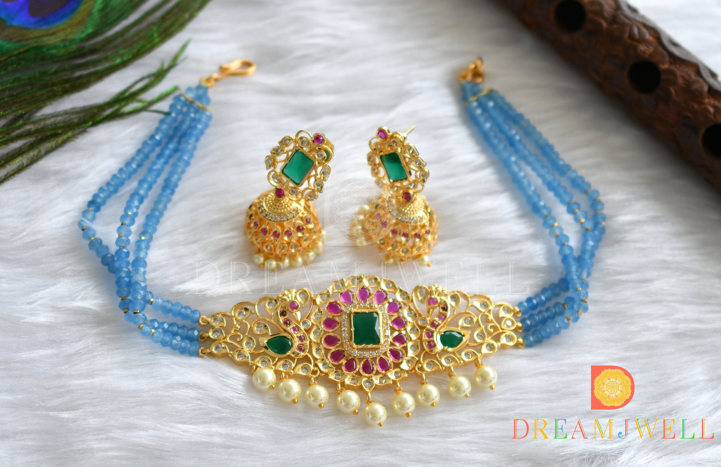 Gold tone kemp-green blue bead choker necklace set dj-31608