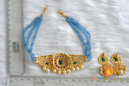 Gold tone kemp-green blue bead choker necklace set dj-31608