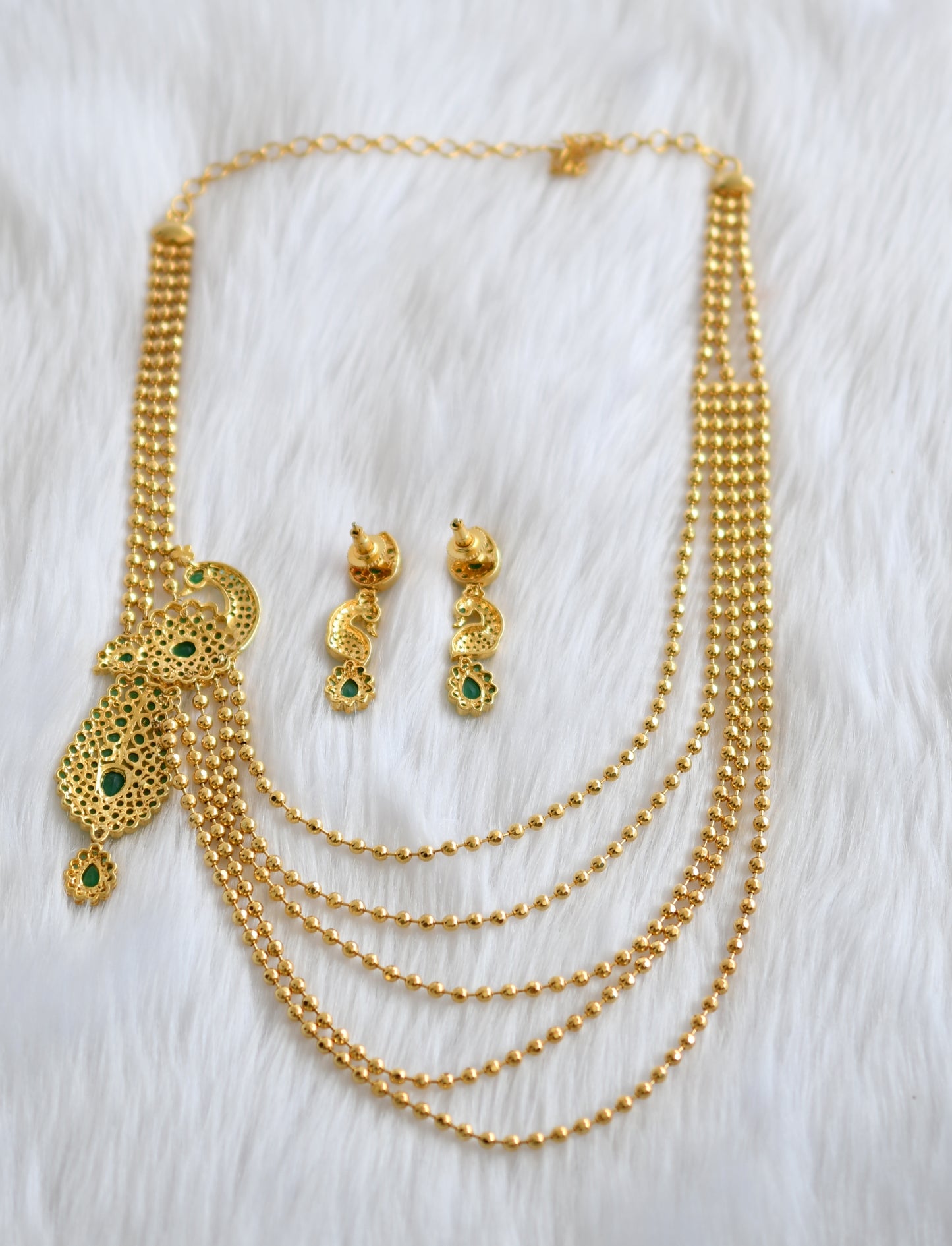 Gold tone peacock emerald mugappu multi layer necklace set dj-02125