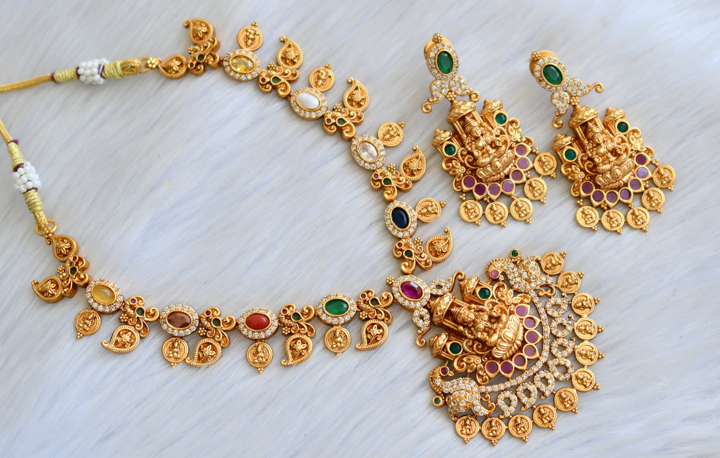 Matte finish navarathna stone mango-Lakshmi coin necklace set dj-41859