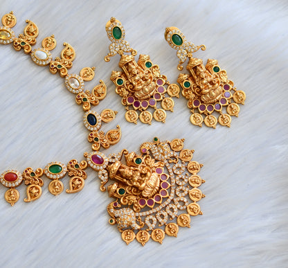 Matte finish navarathna stone mango-Lakshmi coin necklace set dj-41859