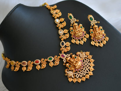 Matte finish navarathna stone mango-Lakshmi coin necklace set dj-41859