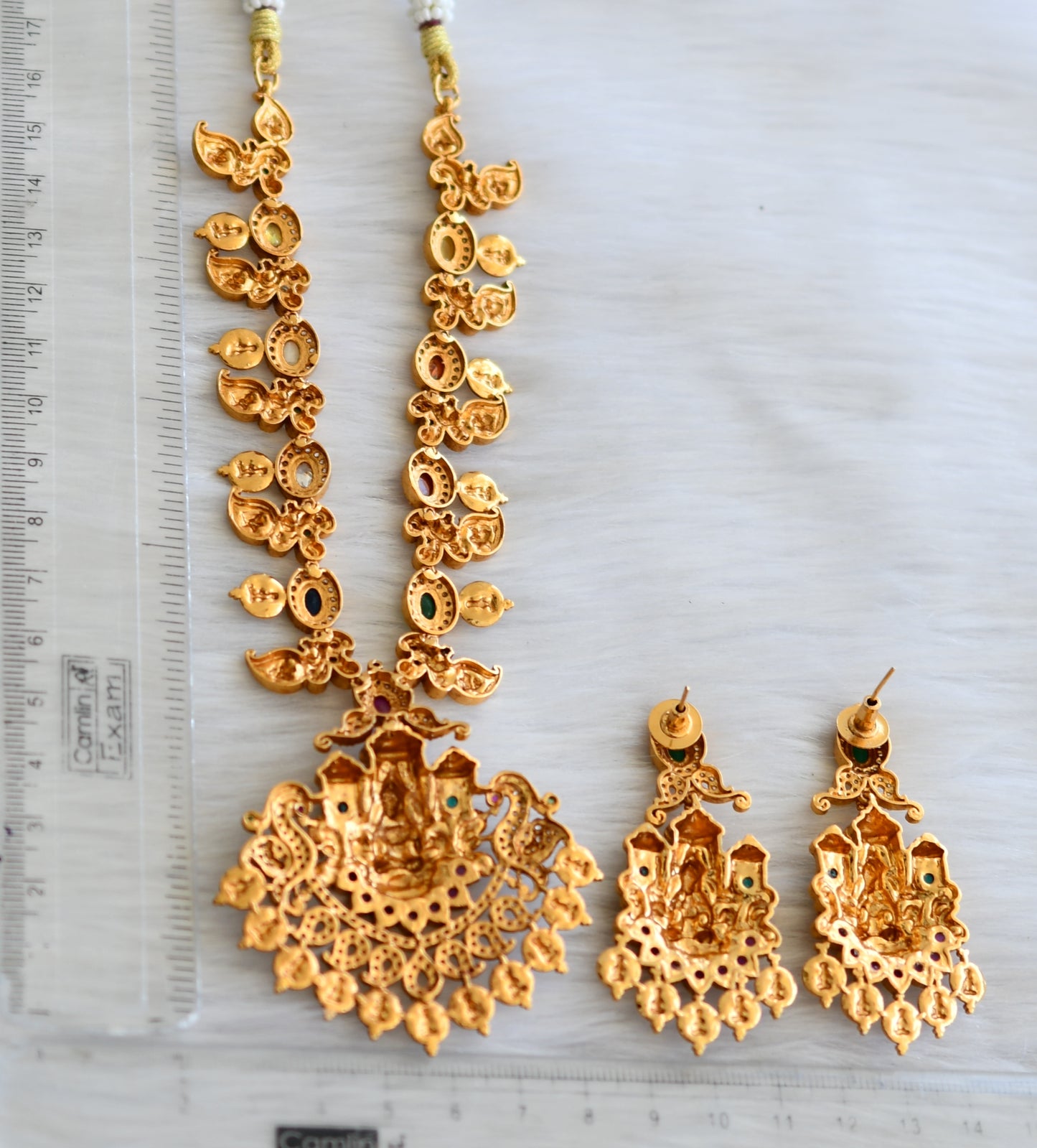 Matte finish navarathna stone mango-Lakshmi coin necklace set dj-41859