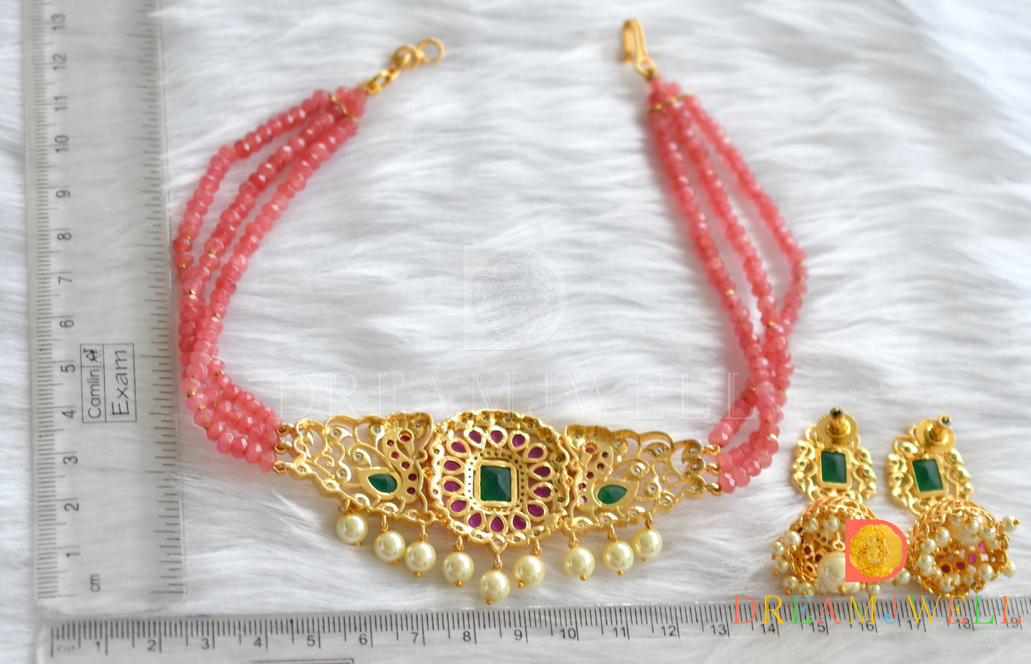 Gold tone kemp-green peach pink bead choker necklace set dj-31602