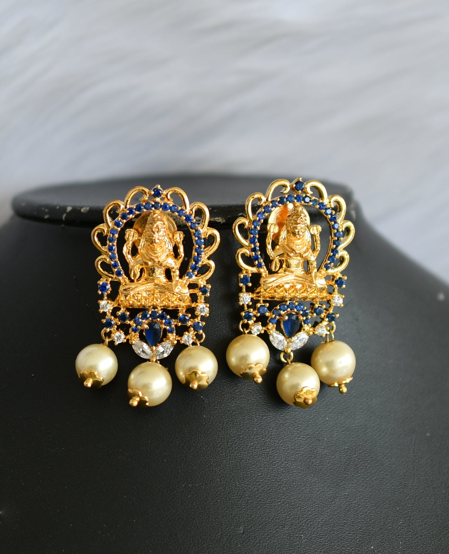 Gold tone cz blue pearl Lakshmi necklace set dj-02128