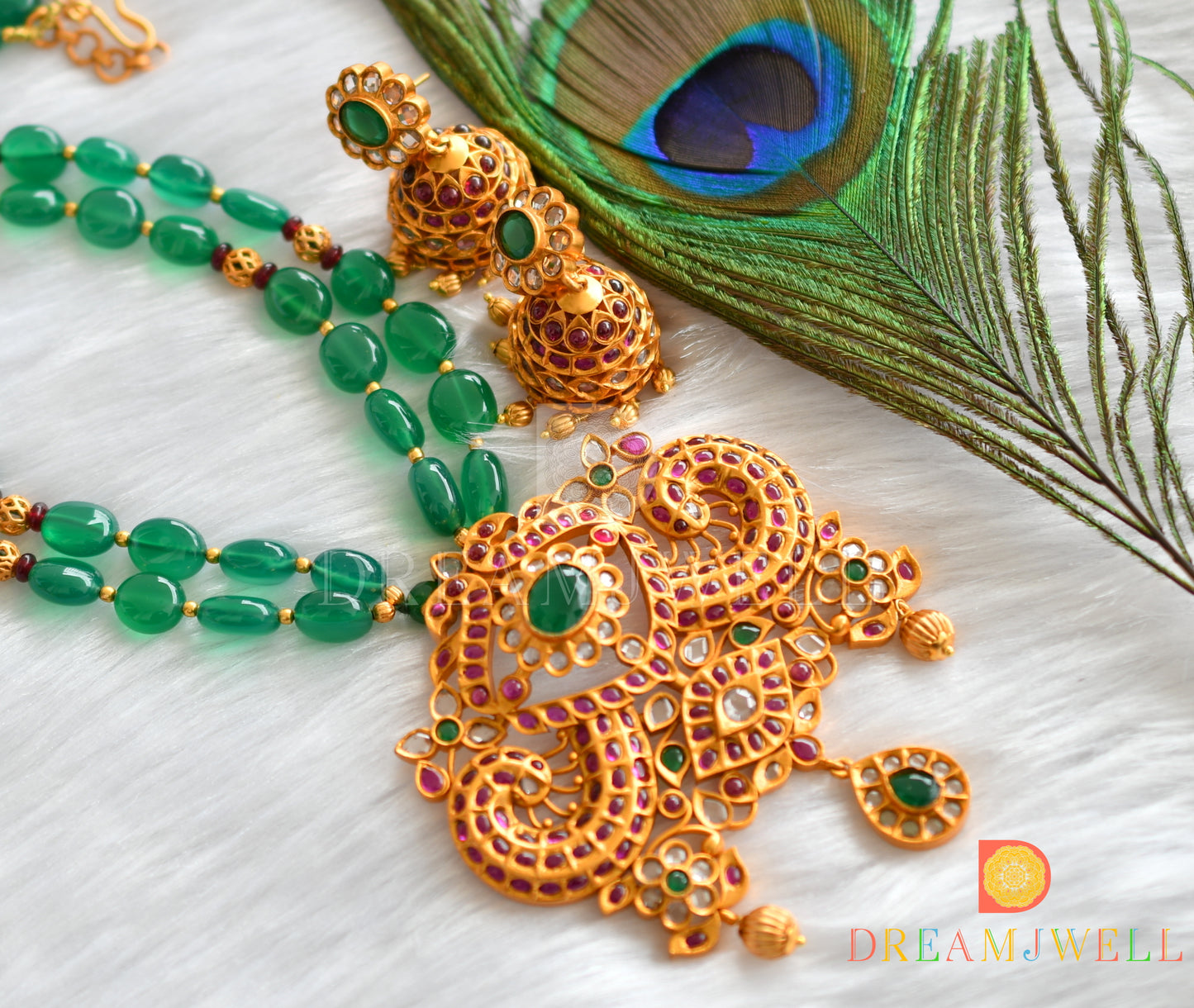 Matte finish real kemp-green onyx beaded haar set dj-19591