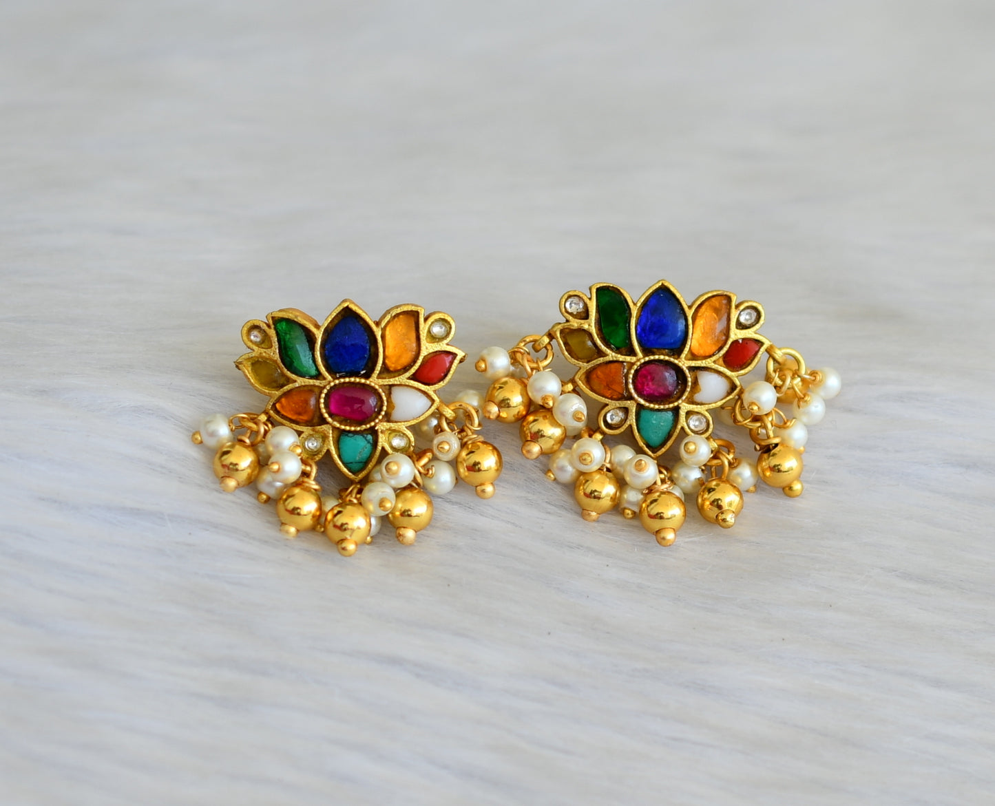 Gold tone kundan jadau navarathna stone Lotus earrings dj-41893