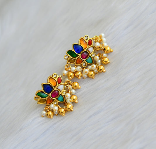 Gold tone kundan jadau navarathna stone Lotus earrings dj-41893