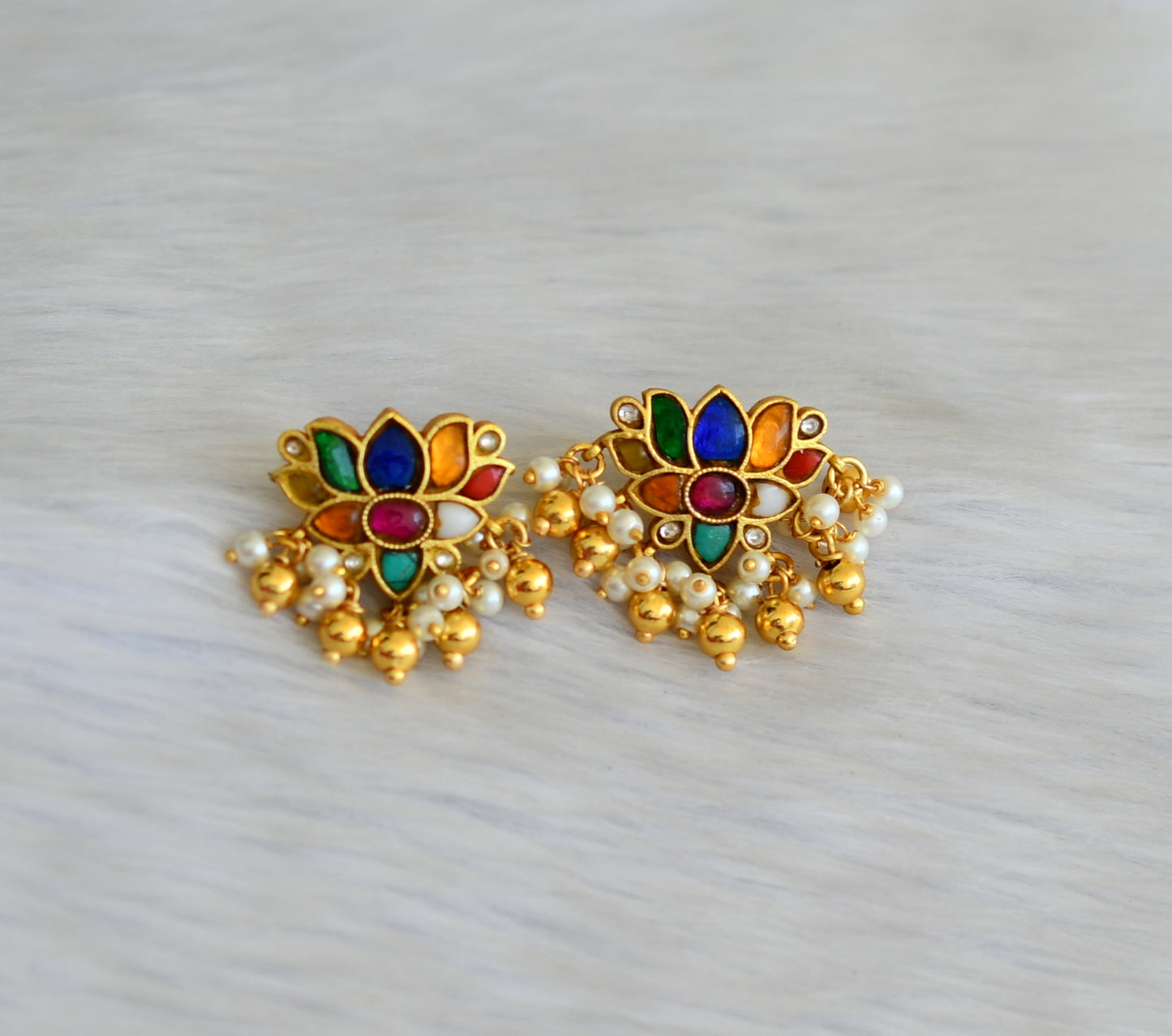 Gold tone kundan jadau navarathna stone Lotus earrings dj-41893