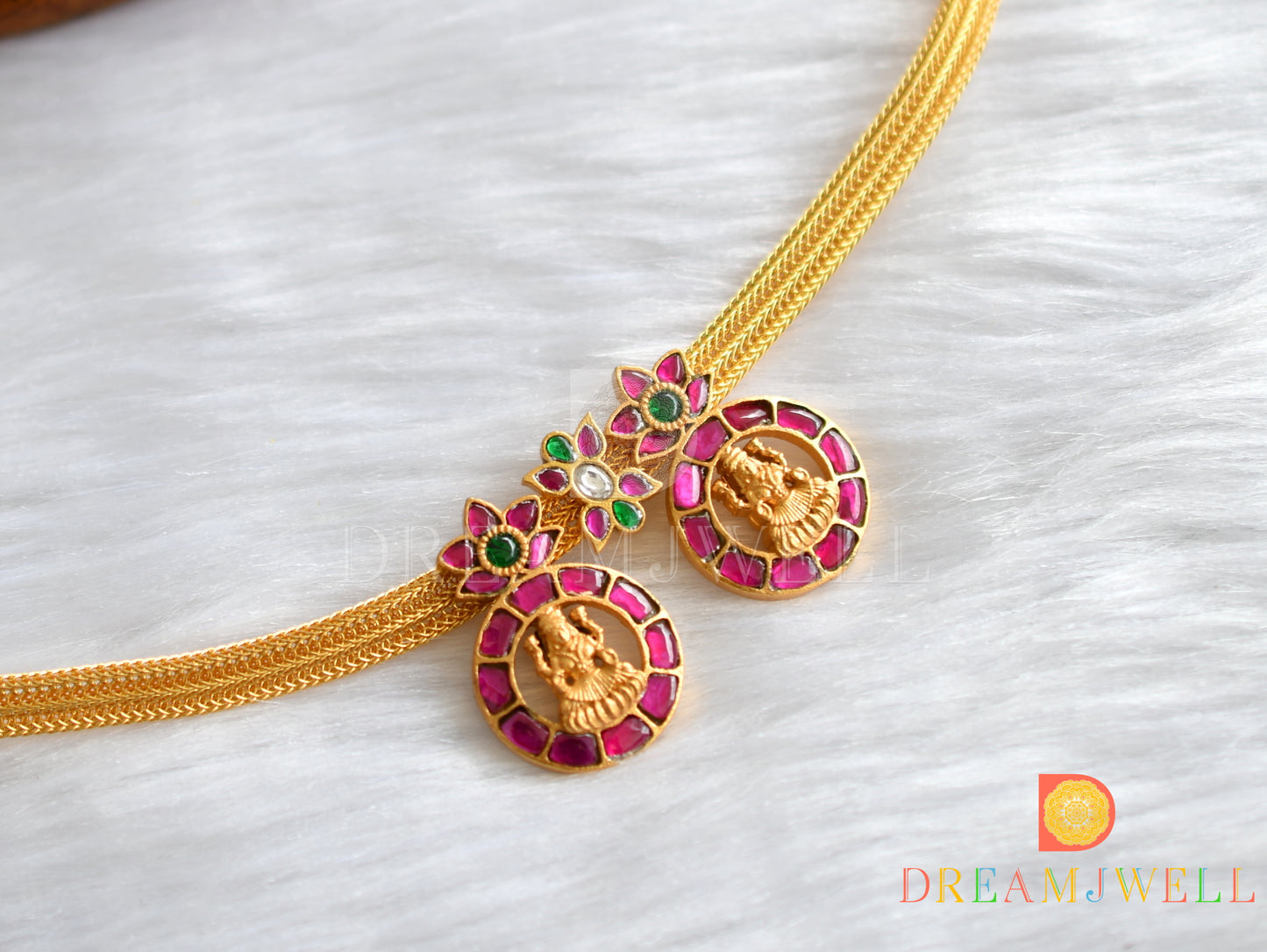 Gold look alike pink-green kundan jadau Lakshmi necklace dj-35016