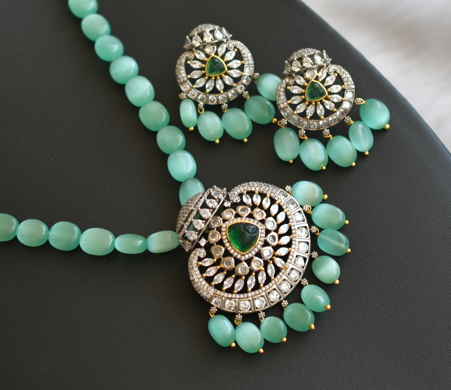 Two tone white-sea green sliced beads Victorian necklace set dj-41869