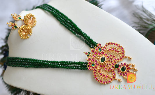 Gold tone real kemp peacock emerald beaded temple necklace set dj-15570