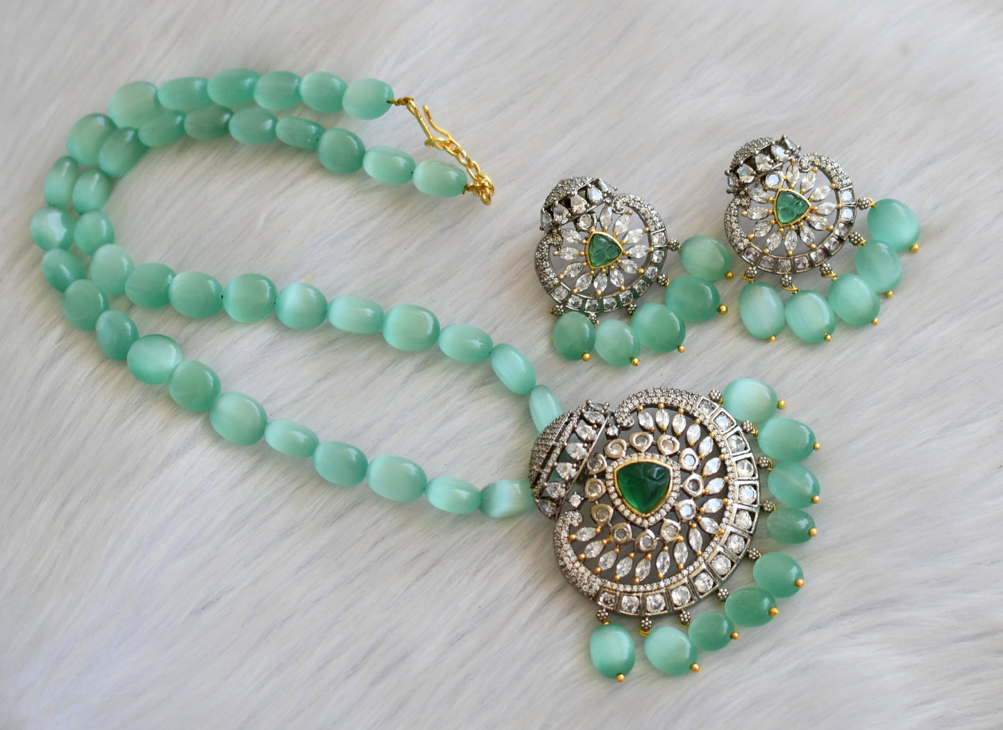 Two tone white-sea green sliced beads Victorian necklace set dj-41869
