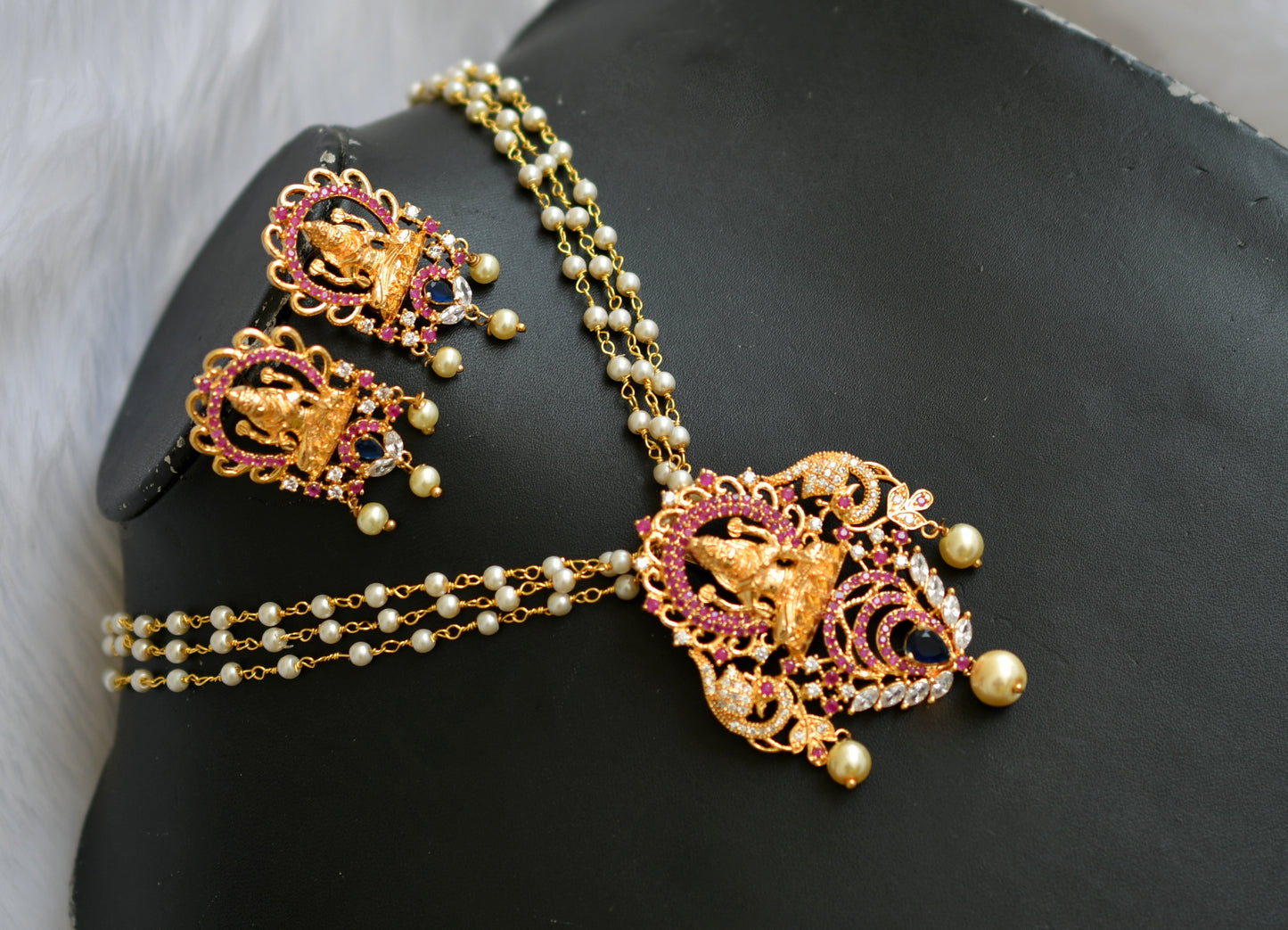 Gold tone cz ruby-blue Lakshmi necklace set dj-02132