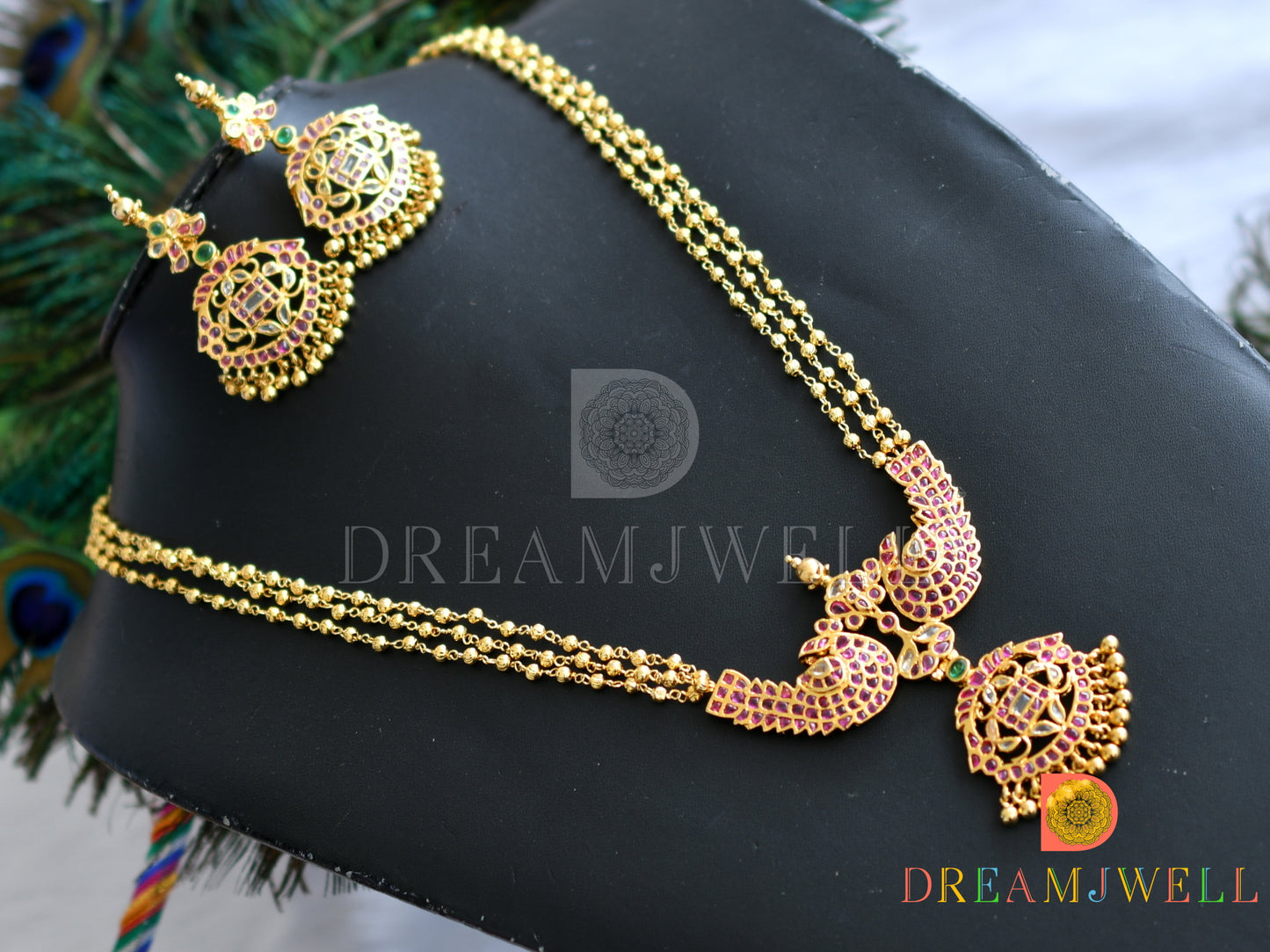 Gold tone kemp-green real uncut polki peacock necklace set dj-23157