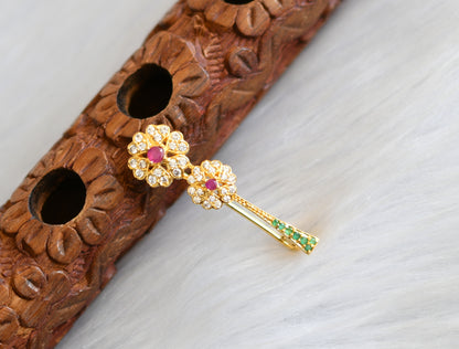 Gold tone cz ruby-emerald flower saree pin dj-15264