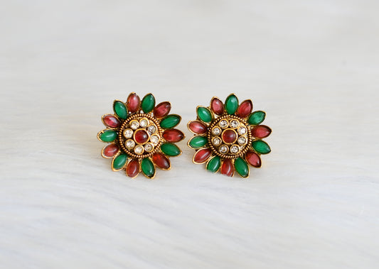 Antique gold tone pink-green flower stud dj-06417