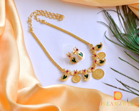 Gold tone green mango head coin Kerala style necklace set dj-35992