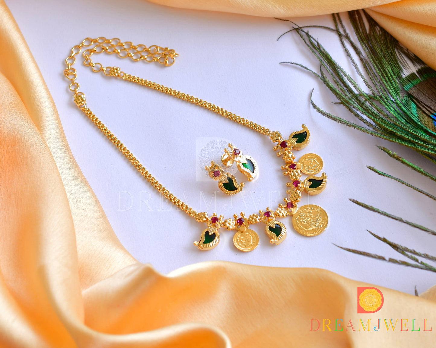 Gold tone green mango head coin Kerala style necklace set dj-35992