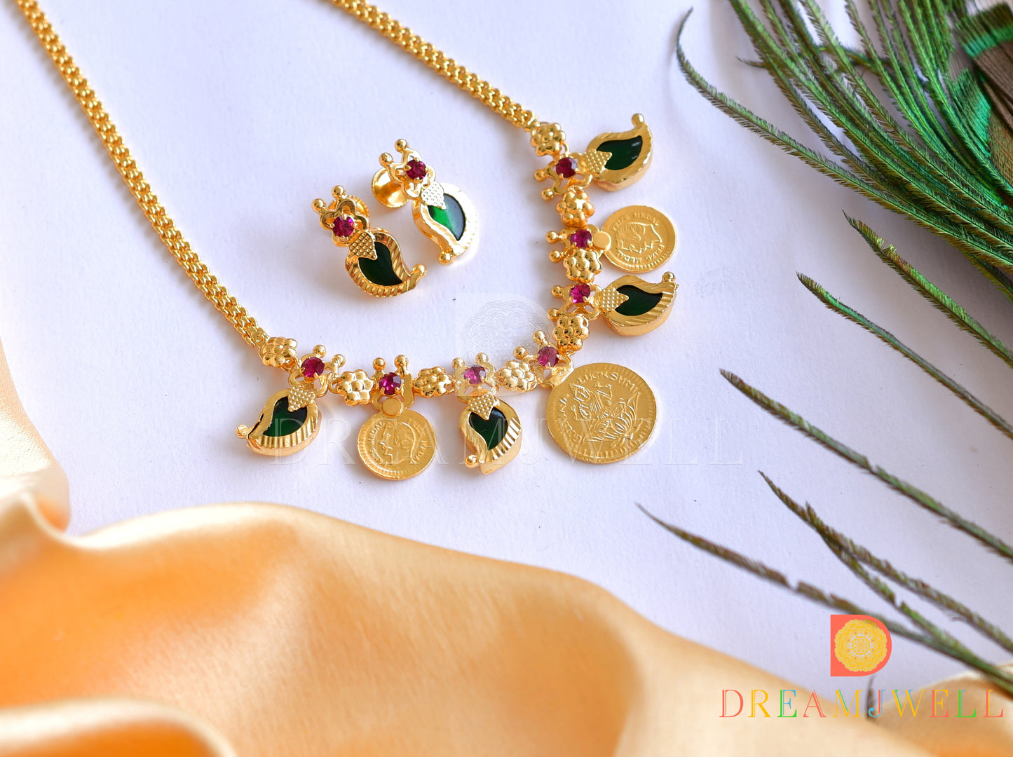 Gold tone green mango head coin Kerala style necklace set dj-35992