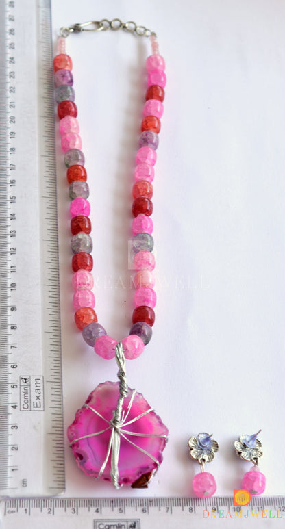 Silver tone Baby pink necklace set dj-35993