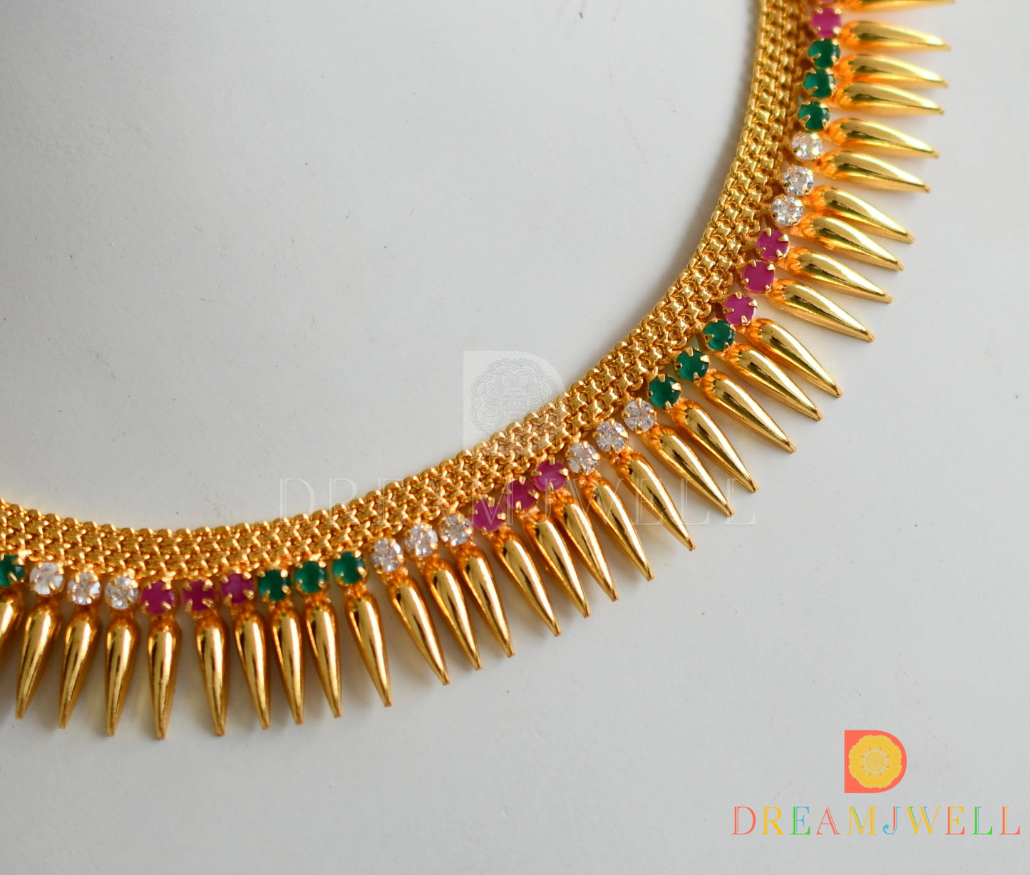 Gold tone pink-green-white stone mulla mottu Kerala style Necklace dj-38266