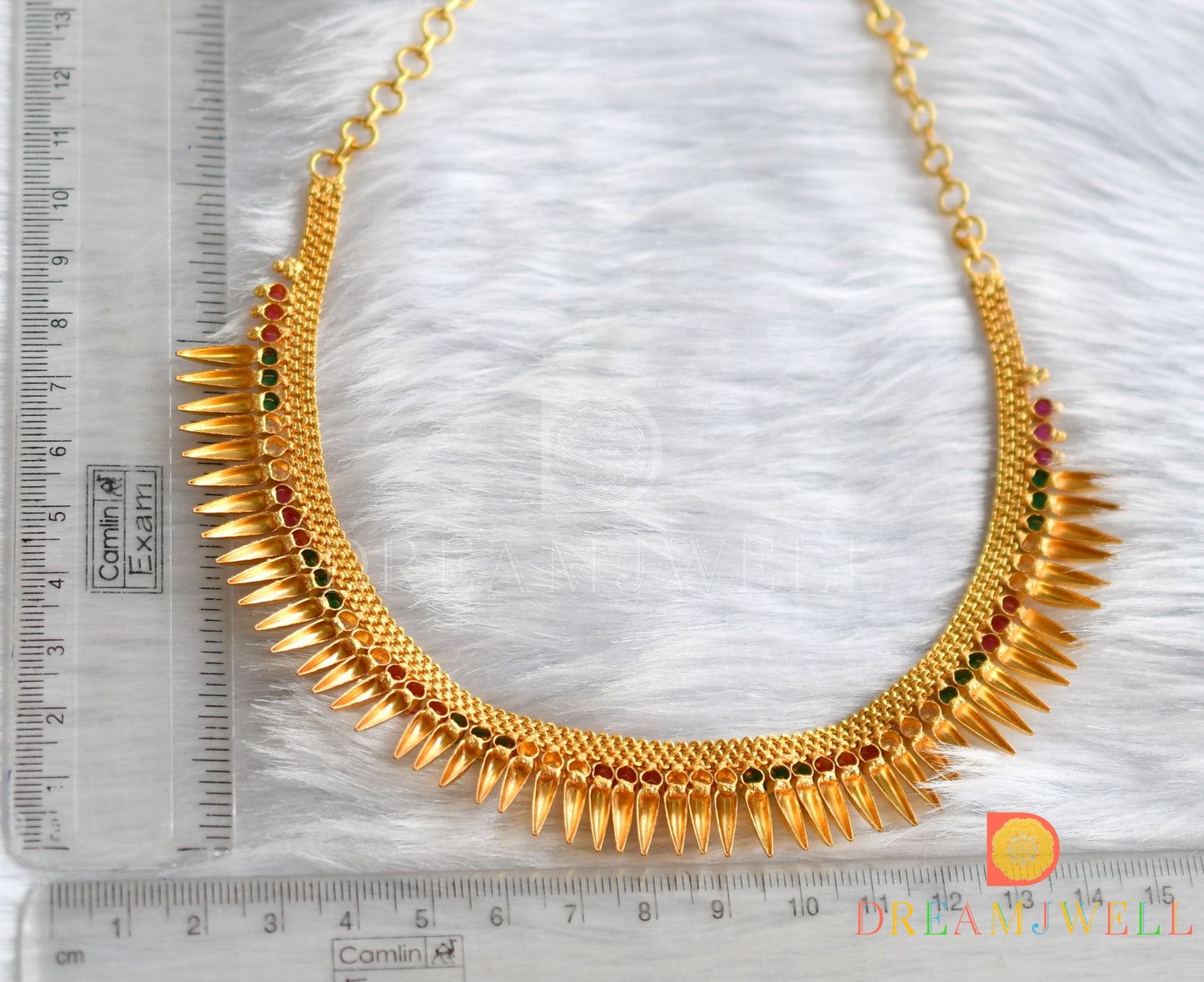 Gold tone pink-green-white stone mulla mottu Kerala style Necklace dj-38266