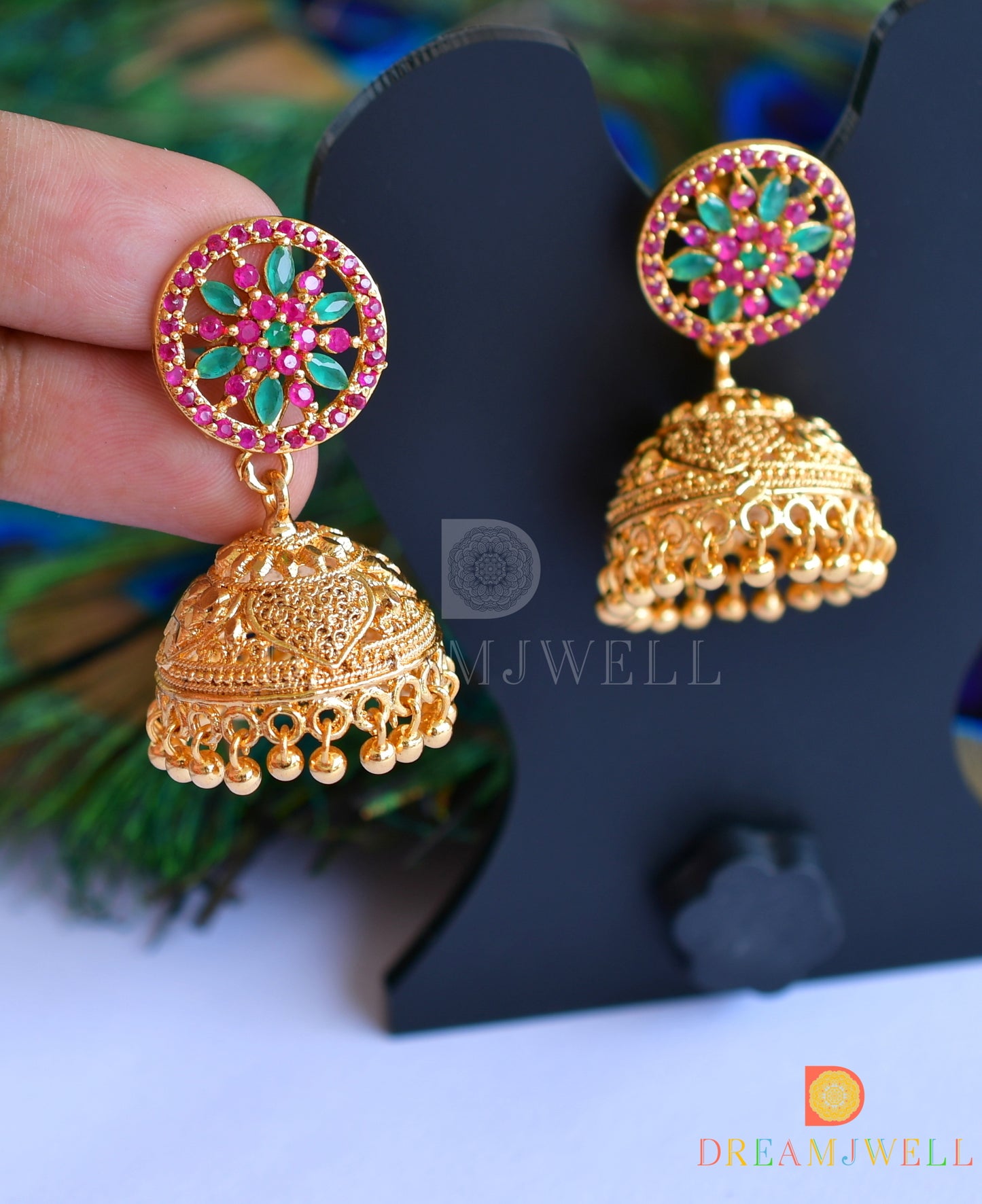 Gold tone ruby-emerald-white stone jhumkka