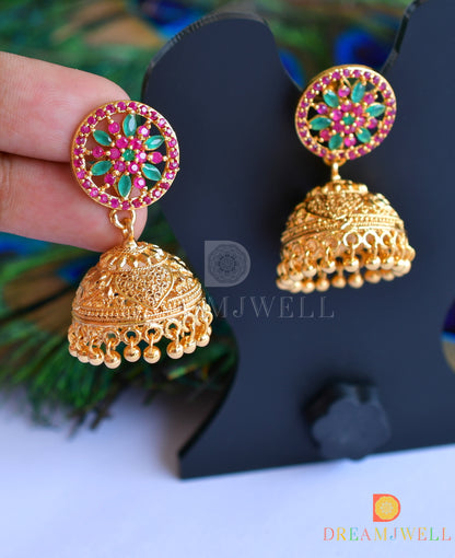 Gold tone ruby-emerald-white stone jhumkka