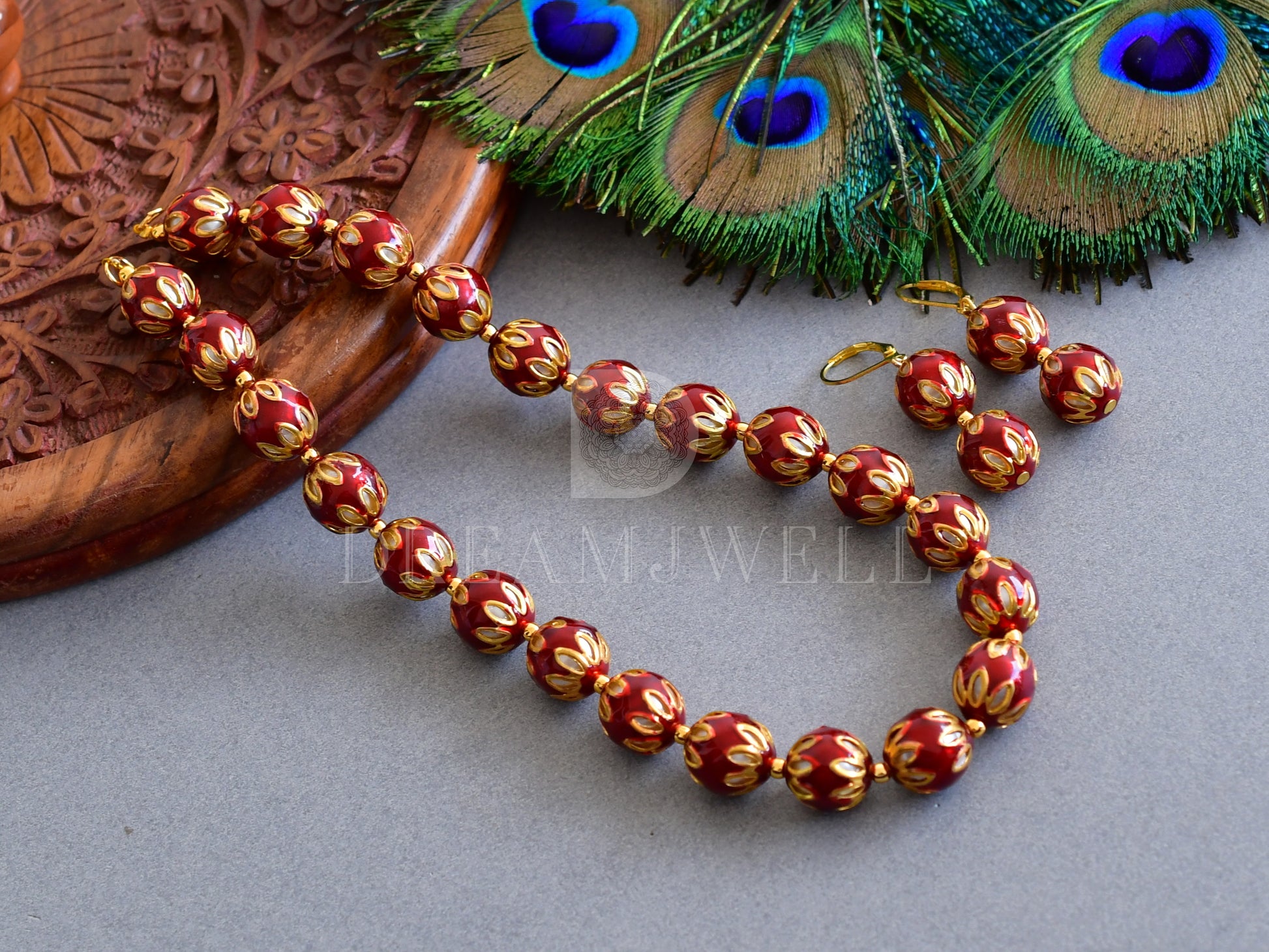 DREAMJWELL - Gold tone red beads Lakshmi designer necklace set dj