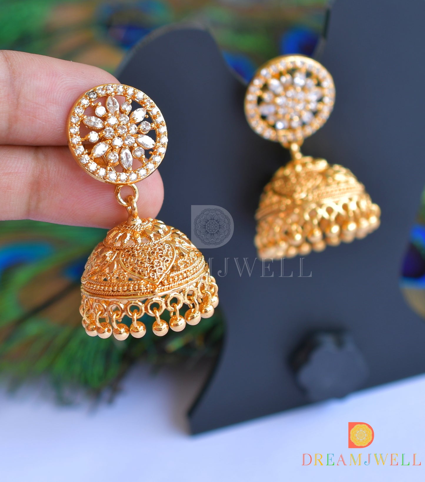 Gold tone ruby-emerald-white stone jhumkka