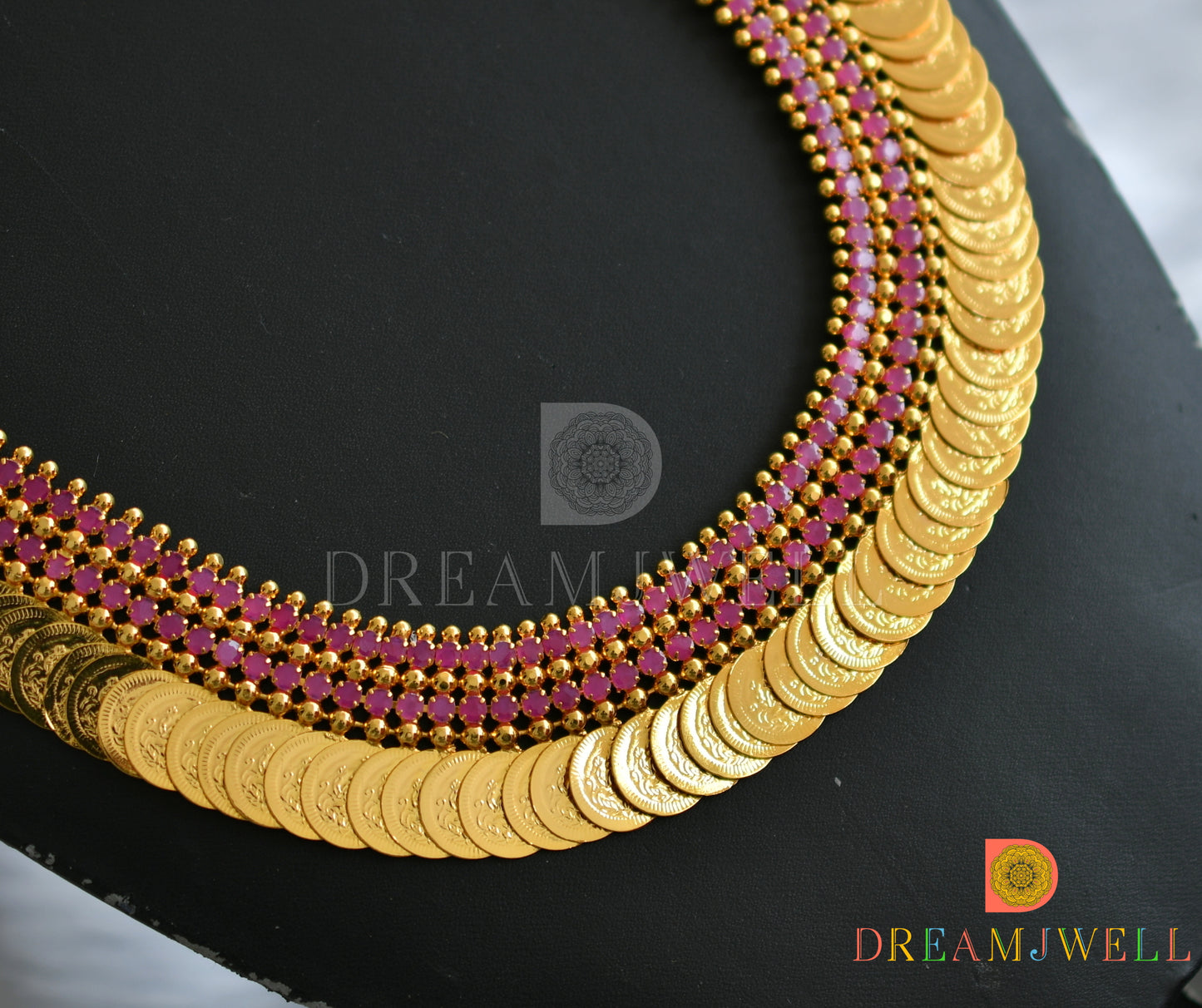Gold tone pink stone Lakshmi coin haar dj-38272