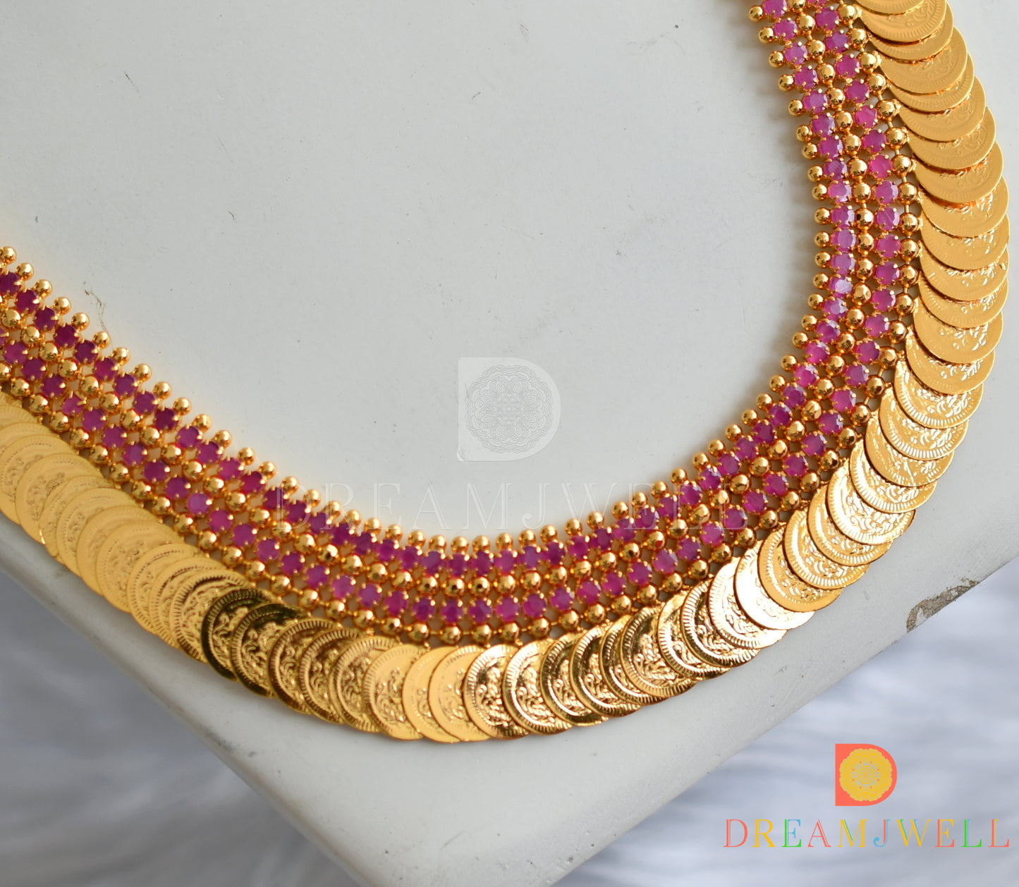 Gold tone pink stone Lakshmi coin haar dj-38272
