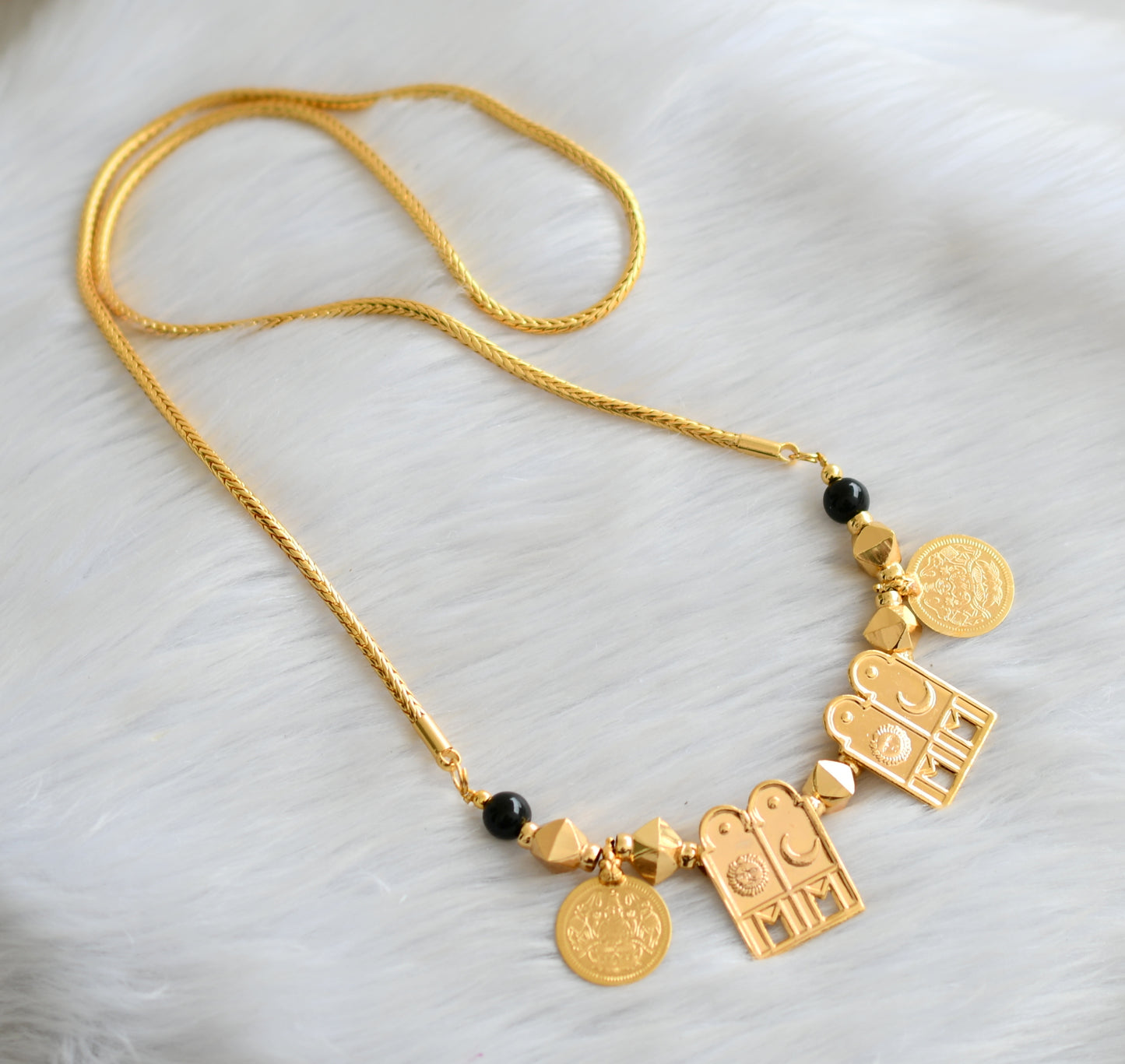 Gold tone black beads Lakshmi coin sun-moon mangalyam dj-40539