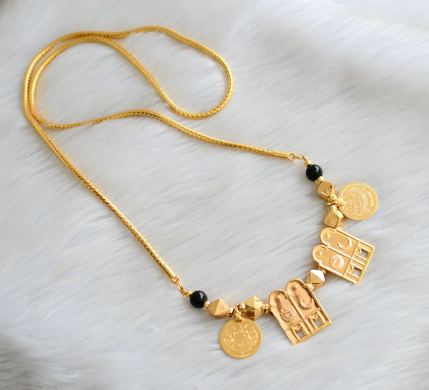 Gold tone black beads Lakshmi coin sun-moon mangalyam dj-40539