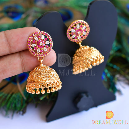 Gold tone ruby-emerald-white stone jhumkka