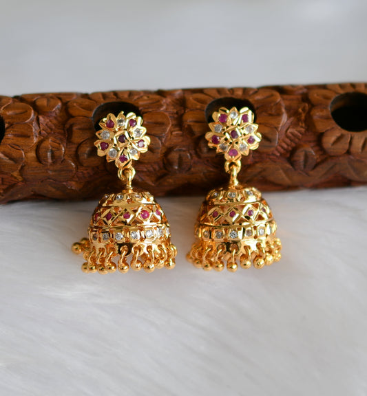 Gold tone ruby-white stone south Indian jhumkka dj-39753