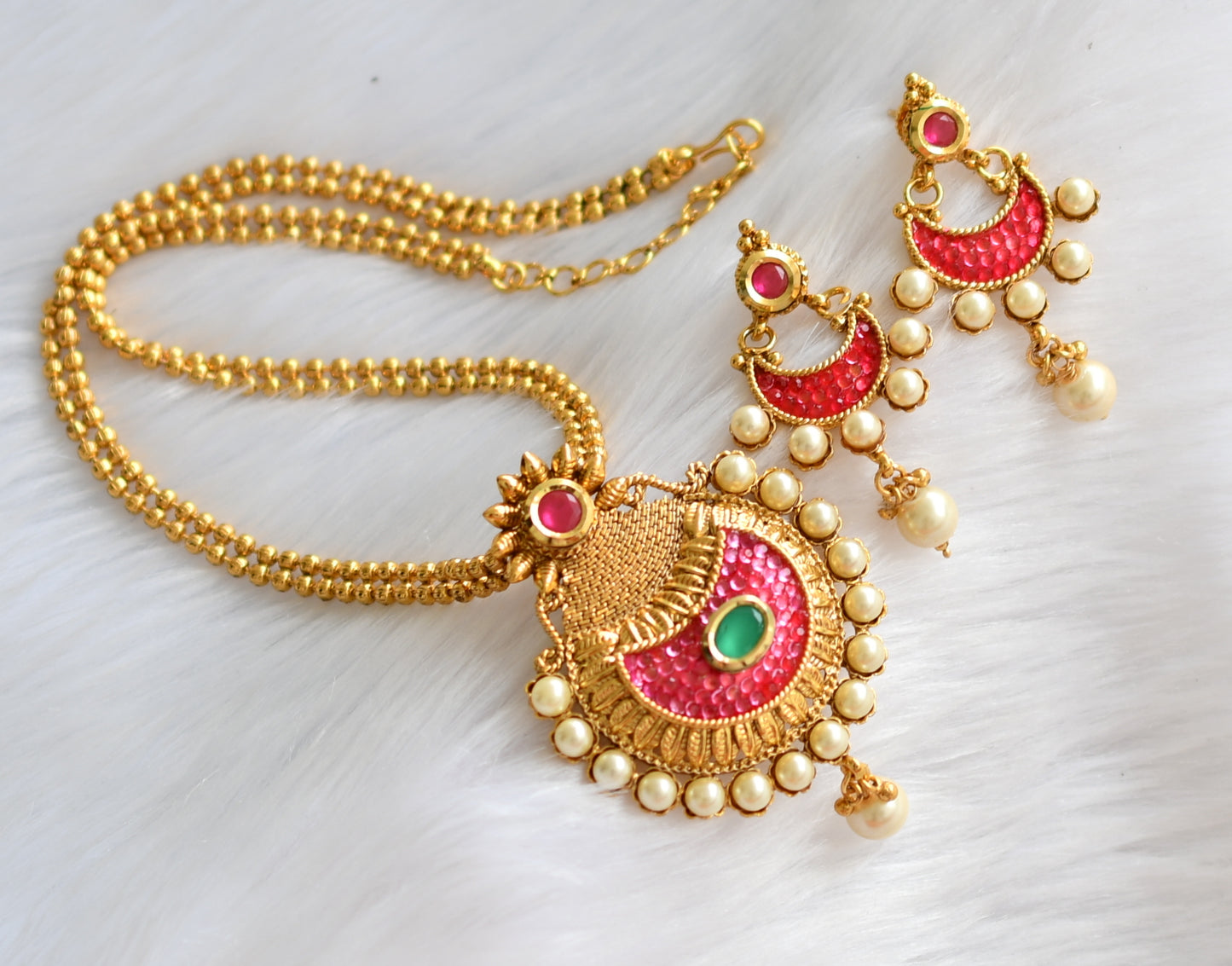 Gold plated pink-green-red transparent necklace set dj-39759