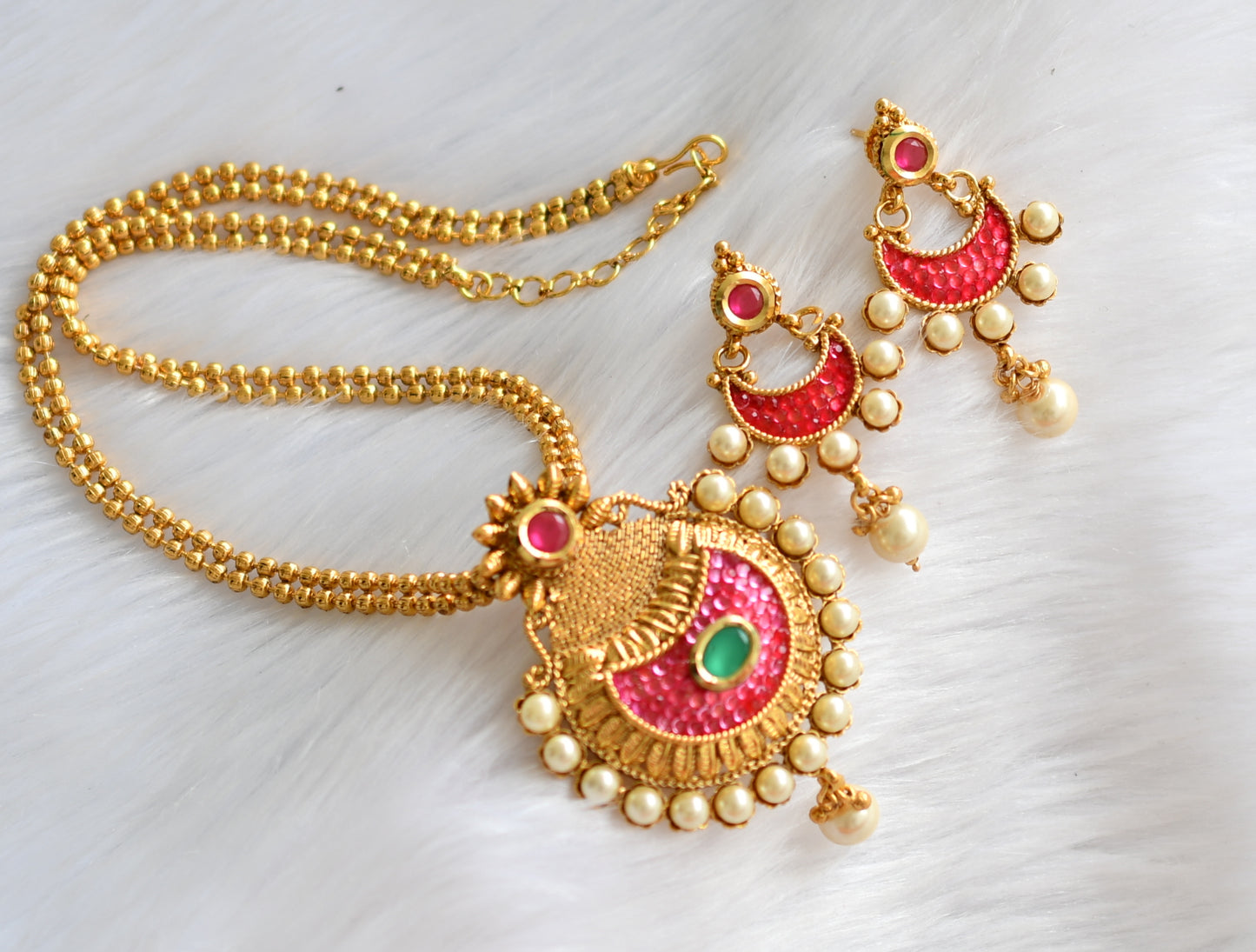 Gold plated pink-green-red transparent necklace set dj-39759