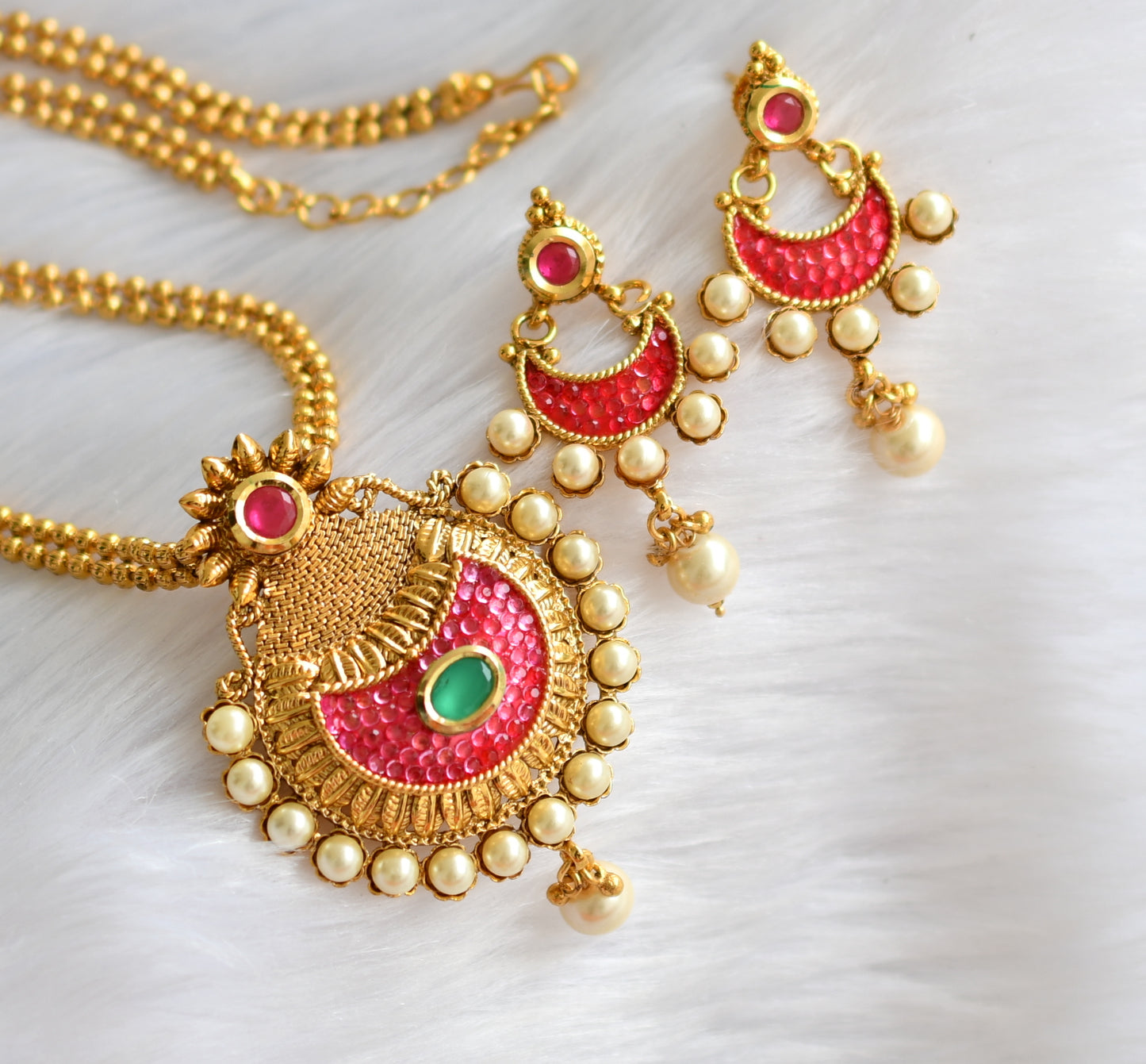 Gold plated pink-green-red transparent necklace set dj-39759